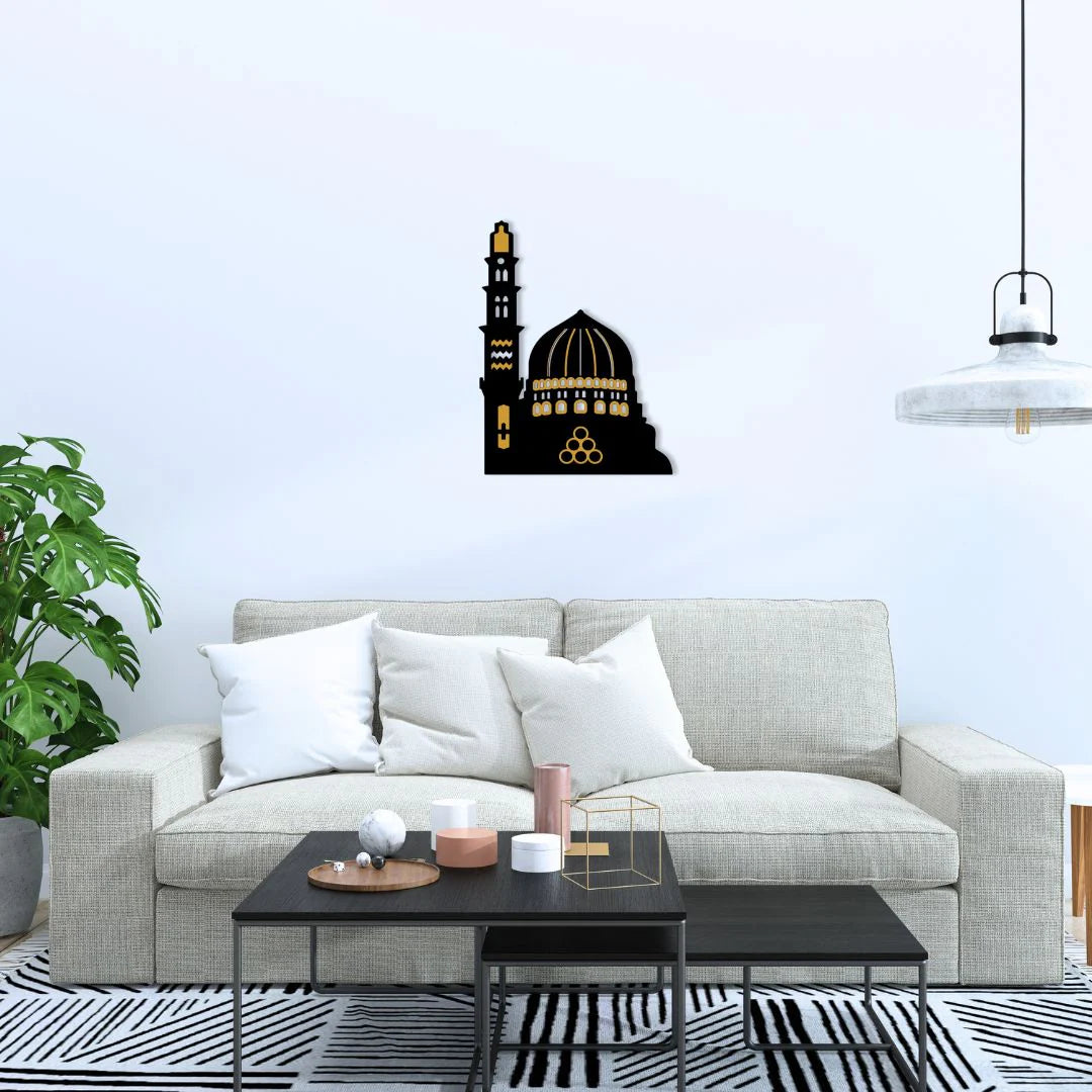 Elegant Masjid-e-Nabvi Wall Art – Black MDF & Golden Acrylic | Islamic Home Decoration (15x12 Inches)