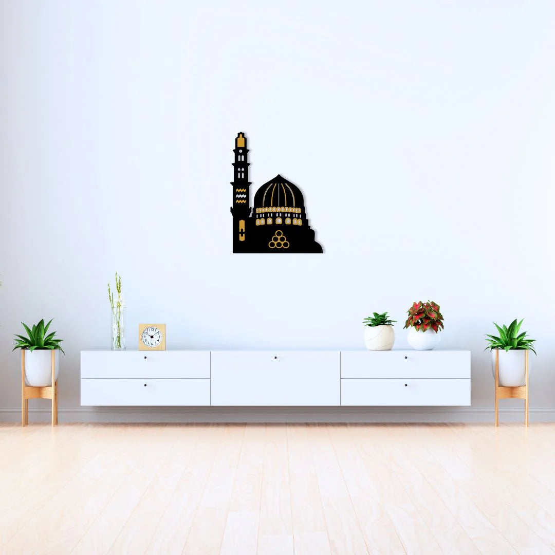 Elegant Masjid-e-Nabvi Wall Art – Black MDF & Golden Acrylic | Islamic Home Decoration (15x12 Inches)