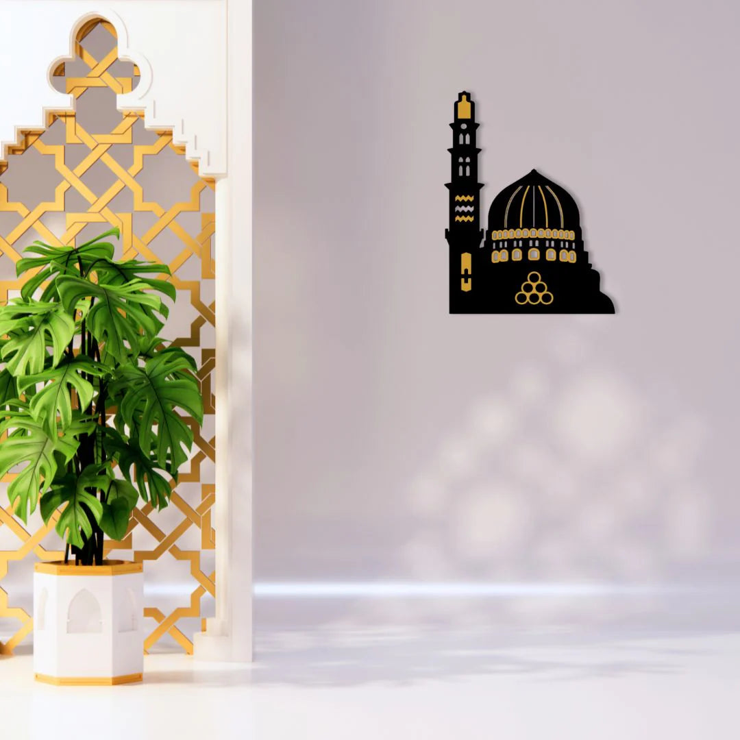 Elegant Masjid-e-Nabvi Wall Art – Black MDF & Golden Acrylic | Islamic Home Decoration (15x12 Inches)