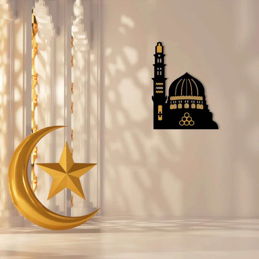 Elegant Masjid-e-Nabvi Wall Art – Black MDF & Golden Acrylic | Islamic Home Decoration (15x12 Inches)